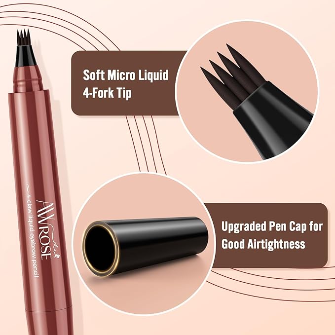 AWROSE Eyebrow Pencil, 3D Waterproof Microblading Eyebrow Pen 4 Fork Tip Tattoo Pencil, Precise Natural Brow Magic Eye Brow Pencil with Hair Like Strokes, 4 Points Multi-Used Eye Brow Pen for Women-Velvo Beauty