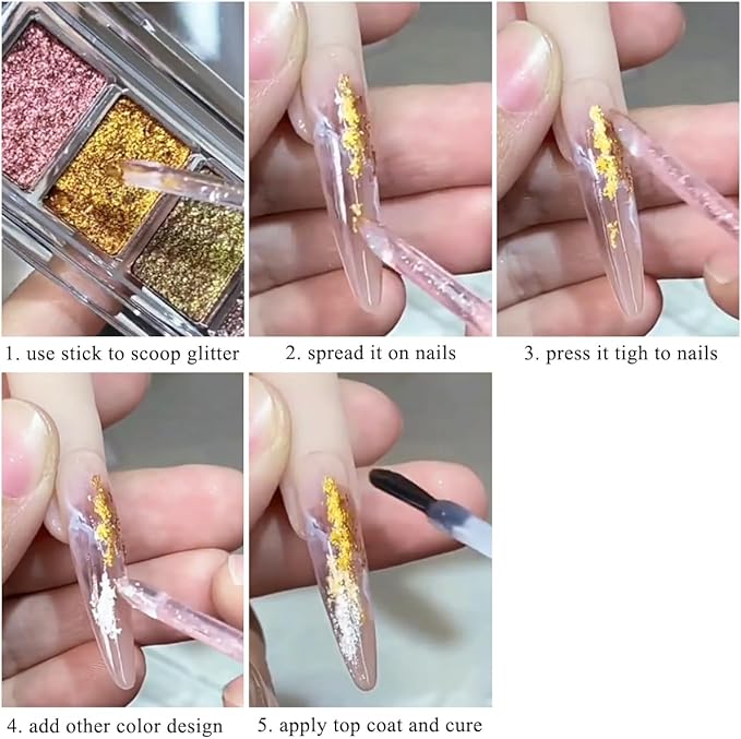 Metallic Nail Art Glitter Set, 6 Colors Gold Flakes for Nails, Mud Texture, Gold Leaf Chameleon Chrome Flakes, Golden Foils Nail Art Decoration, Professional Manicure Supplies-Velvo Beauty