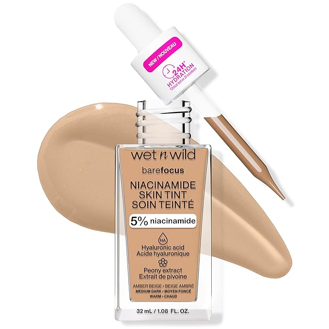 wet n wild Bare Focus Skin Tint, 5% Niacinamide Enriched, Buildable Sheer Lightweight Coverage, Natural Radiant Finish, Hyaluronic & Vitamin Hydration Boost, Cruelty-Free & Vegan - Amber Beige-Velvo Beauty