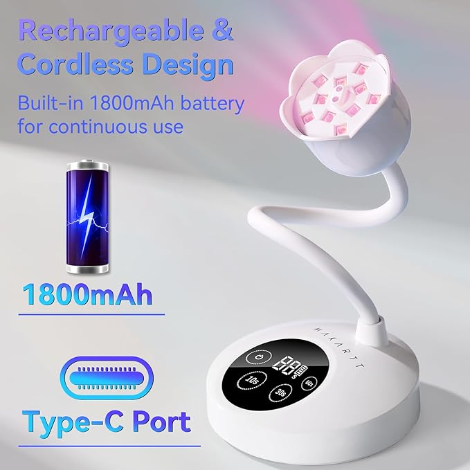 Makartt UV Nail Lamp: Mini UV Light for Gel Nails Polish Luminoza 30W Rechargeable LED Nail Light Nail Dryer with 4 Timers & Auto Sensor, Fast Curing Goosenecks Lamp for Home DIY Manicure-Velvo Beauty