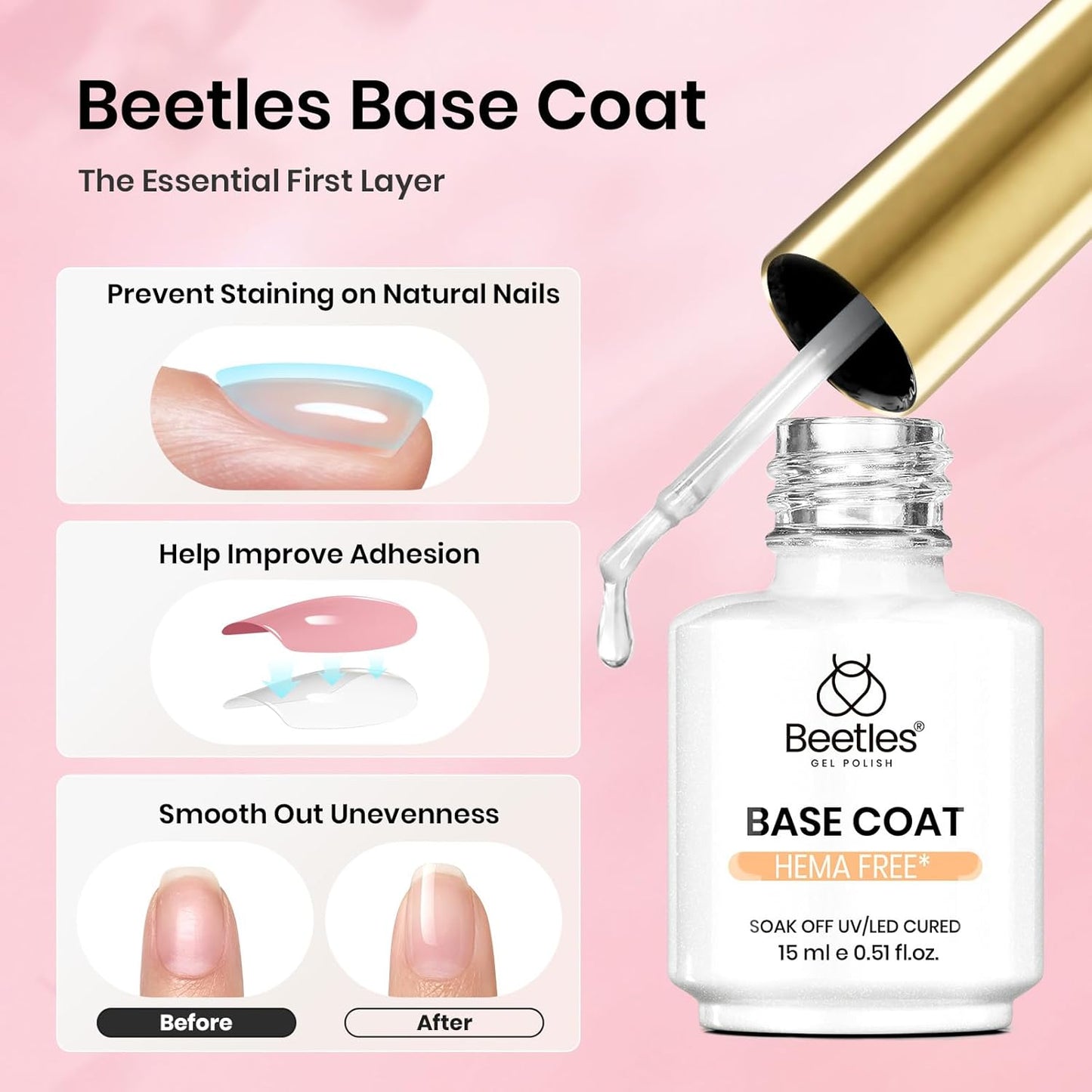 Beetles 15ml Gel Base and Top Coat Set HEMA Free, TPO Free Top Coat Gel Nail Polish & Base Clear Glossy Long Lasting No Wipe Soak Off Upgraded Safe Low-Sensitivity, No More Damaged Gifts for Women-Velvo Beauty