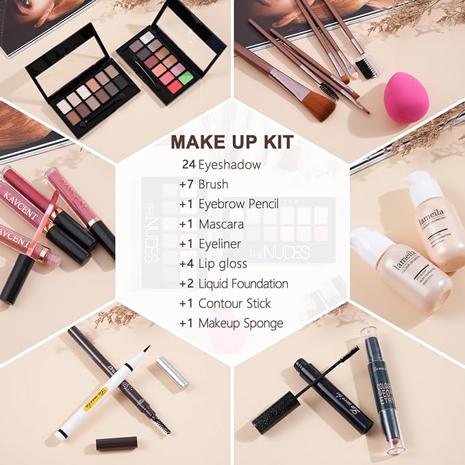Makeup Set Makeup Kit for Women Full Kit Makeup Sets for Teens Teenagers Eyeshadow Palette Lip Gloss Foundation Mascara Eyeliner Contour Stick Makeup Kits-Velvo Beauty
