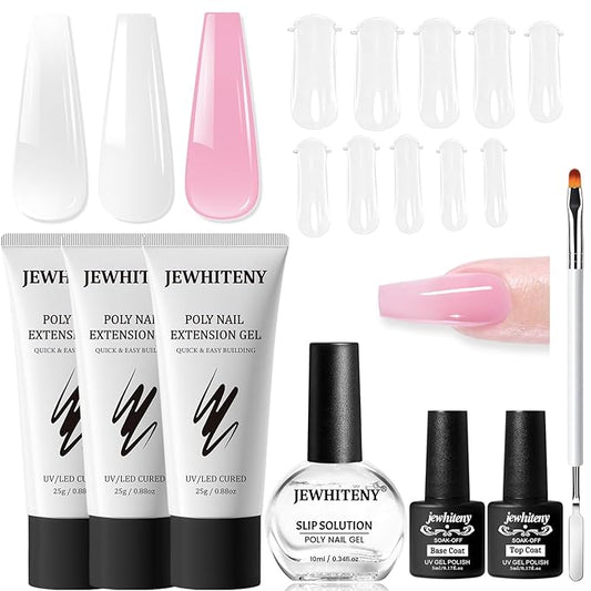JEWHITENY Poly Extension Gel Nail Set Clear White Pink Poly Nail Gel With Base Coat Top Coat for Finger Art and Home DIY French Manicure Need U V Lamp Curing-Velvo Beauty