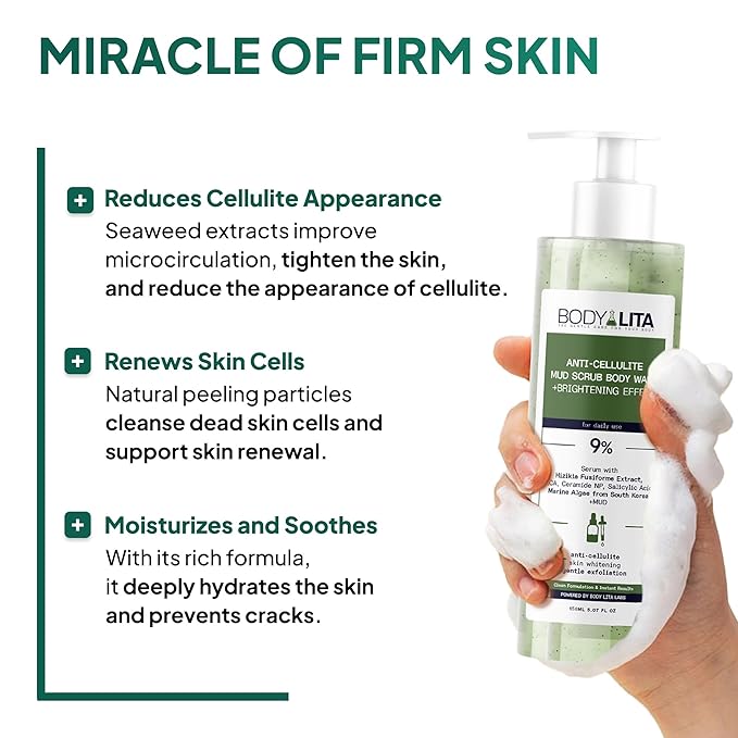 Anti Cellulite Mud Scrub Body Wash, Reduces Cellulite, Gentle Exfoliating, Improves Skin Texture, Provides a Smoother Look, 5.07 Fl Oz (6)-Velvo Beauty