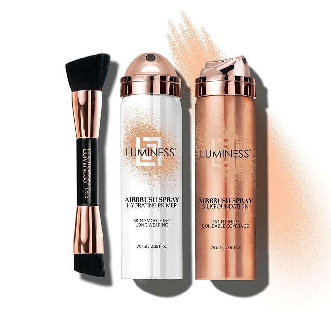 LUMINESS Airbrush Spray Silk Foundation Starter Kit - Fair - Foundation, Primer & Dual-Sided Angled Buffing Brush - Medium, Buildable Coverage, Anti-Aging Formula Hydrates & Moisturizes-Velvo Beauty
