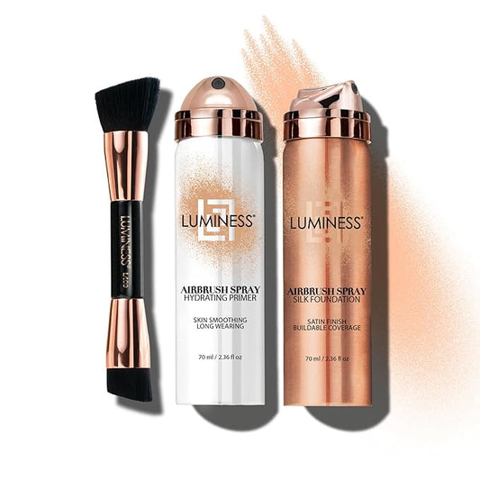 LUMINESS Airbrush Spray Silk Foundation Starter Kit - Fair - Foundation, Primer & Dual-Sided Angled Buffing Brush - Medium, Buildable Coverage, Anti-Aging Formula Hydrates & Moisturizes-Velvo Beauty