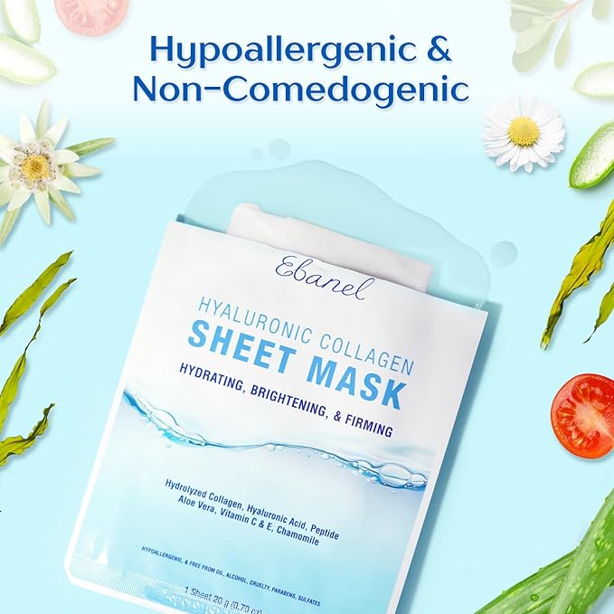 Ebanel 10 Pack Collagen Face Mask with Hyaluronic Acid, Vitamin C, Peptide, Aloe, Instant Brightening Hydrating Face Masks Skincare Korean Sheet Mask, Skin Firming, Lifting Anti Aging Facial Masks-Velvo Beauty