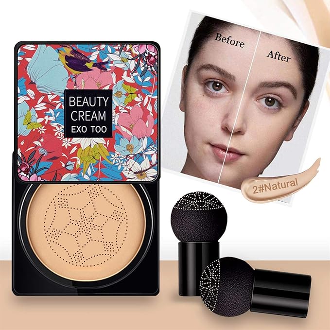 2PCS Mushroom Head Air Cushion CC Cream Foundation, Beauty Cream Exo Too BB Cream, Moisturizing, Long Lasting, Matte Concealer, Light Weight, WaterProof Liquid Foundation with 2PCS Mushroom Head-Velvo Beauty