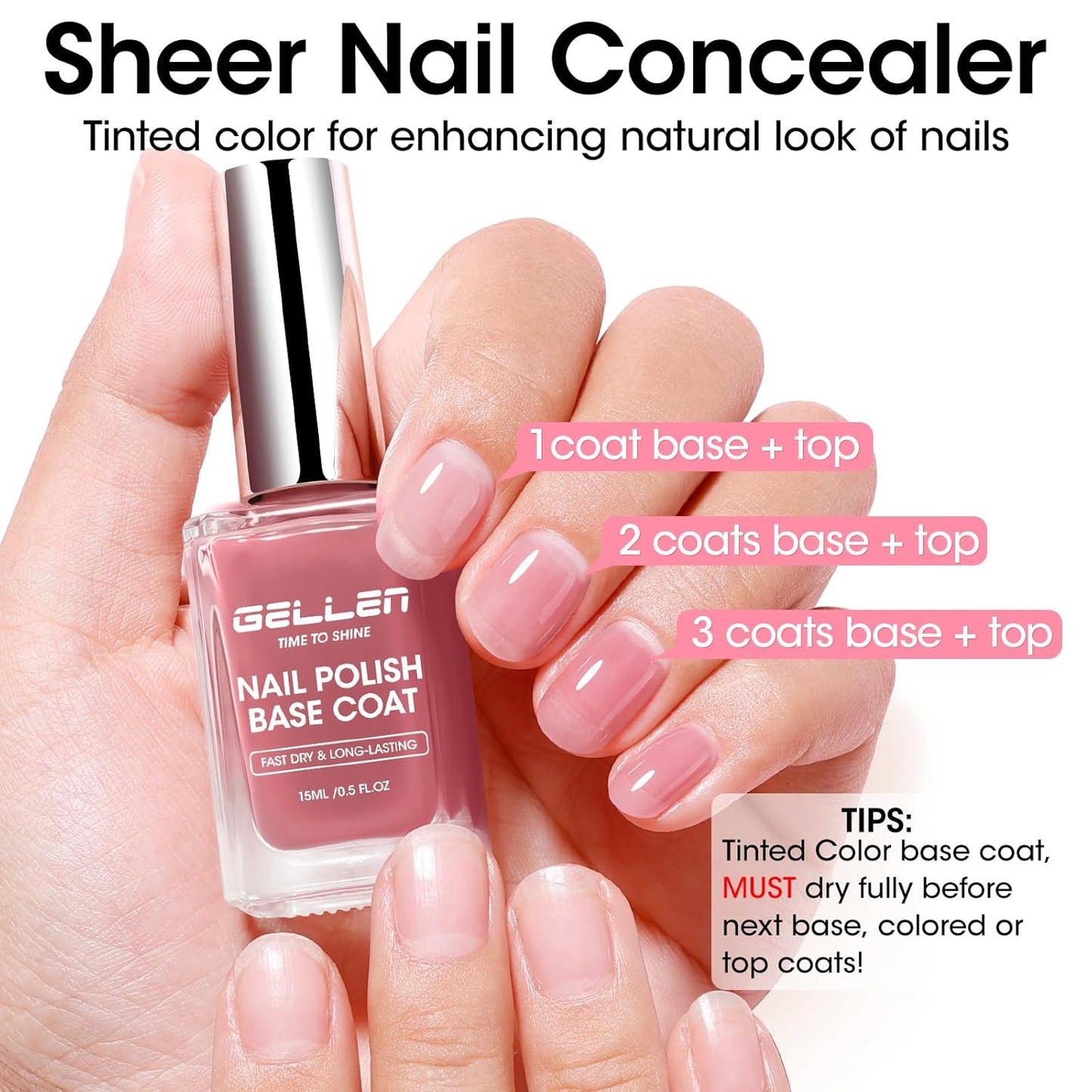 GELLEN 4-In-1 Clear Nail Polish Base Coat Dusty Pink Tint, Sheer Rose Ridge Filler For Nails, Nail Strengthener Concealer, Calcium Formula Smoothes Strengthens Nails, Enhances Natural Look, HEMA Free-Velvo Beauty