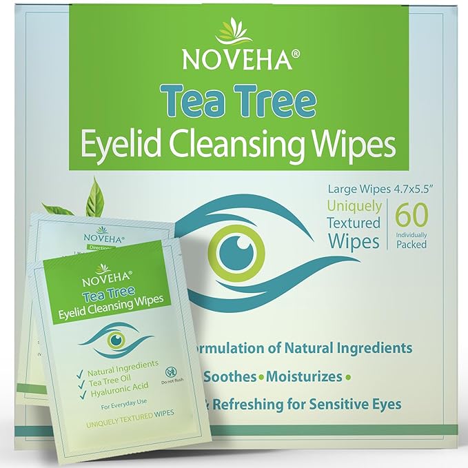 NOVEHA 60PCs Tea Tree Oil Eyelid & Lash Wipes | With Hyaluronic Acid, Green Tea & Chamomile For Blepharitis, Itchy & Stye Eyes, Individually Wrapped, Natural Eyelash Makeup Remover & Daily Cleanser-Velvo Beauty