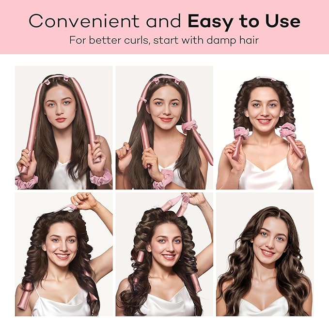 Umisleep 22 Momme 100% Mulberry Silk Heatless Hair Curler Set — Frizz-Free Hair Rollers for Women Long Hair, Overnight Heatless Curls, Upgraded Soft Flat Design with Clips & Scrunchies, Pink-Velvo Beauty