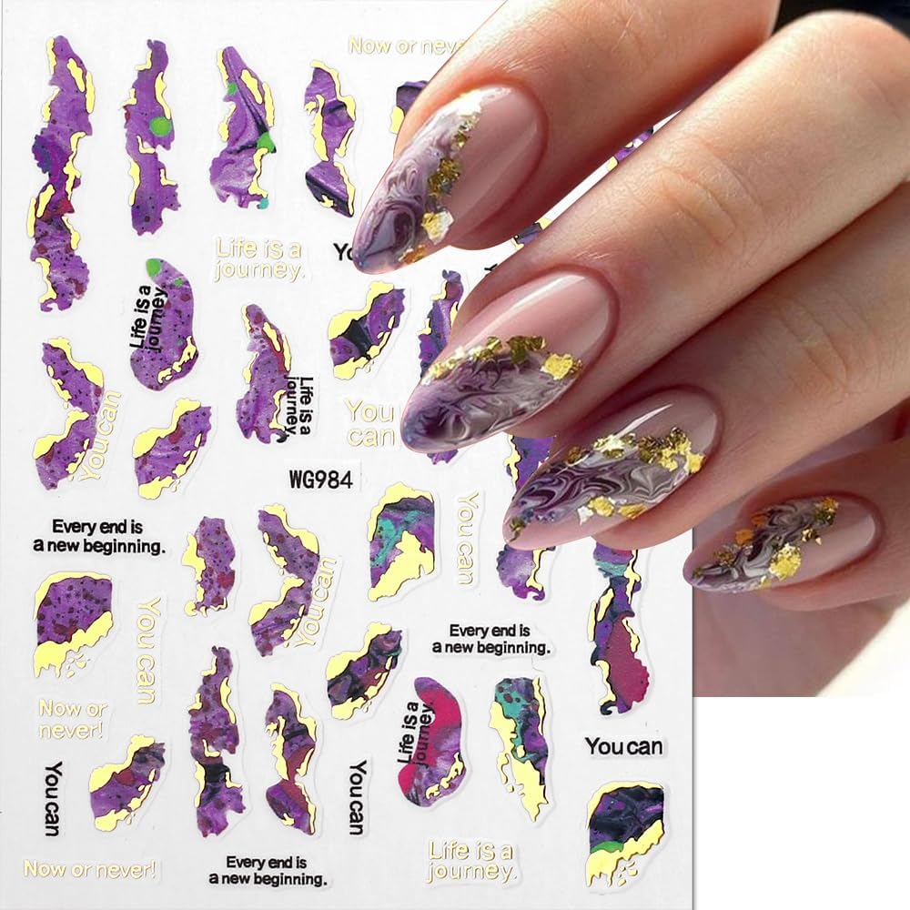 3D Marble Nail Stickers - 6 Color Marble Decals, Blooming Nail Art, Bronzing & Watercolor Smudge Resistant, Self-Adhesive Gold Foil Designs-Velvo Beauty