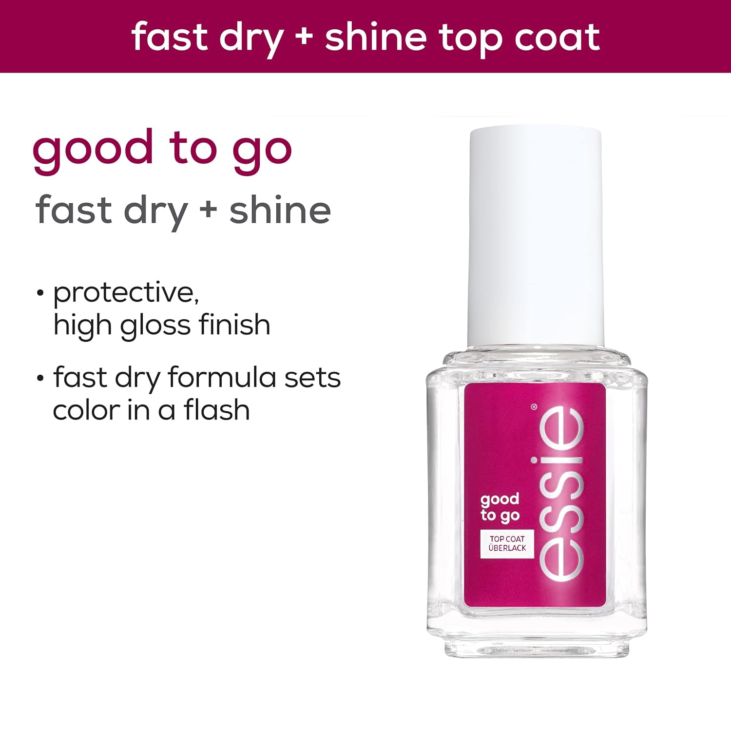 essie Nail Care, 8-Free Vegan, Good To Go Top Coat, fast dry and shine nail polish, 0.46 fl oz-Velvo Beauty
