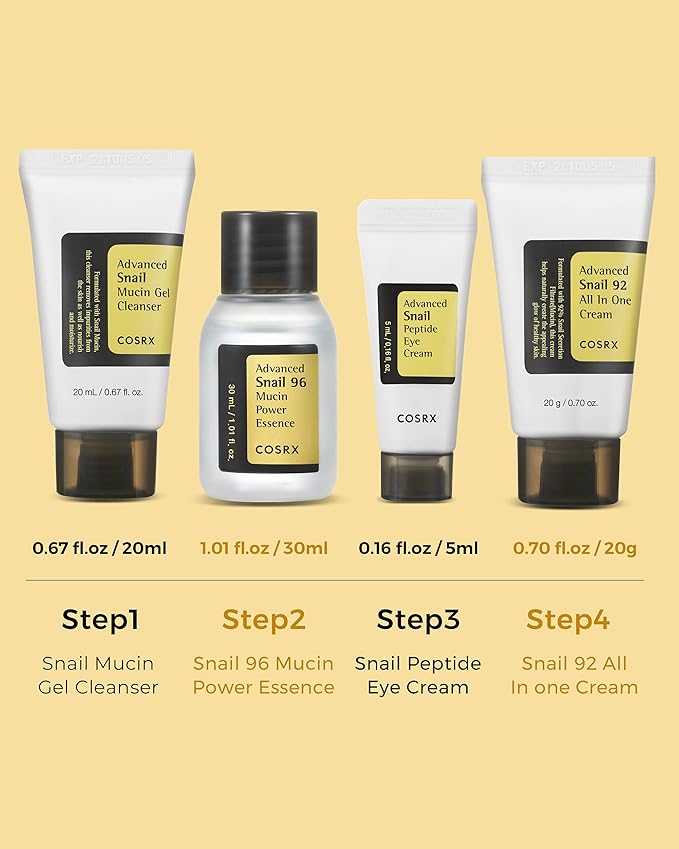 COSRX All About Snail Korean Skincare | TSA Approved Travel Size, Gift Set with Face Gel Cleanser, Essence, Cream & Eye-cream, Repairing, Recovering, Rejuvenating Kit with Snail Mucin, Korean Skincare-Velvo Beauty