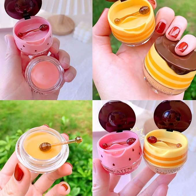 2Pcs Bee Lip Balm Honey Pot, Honey & Strawberry Lip Balm Moisturizing Lip Sleep Mask with Stick Hydrating & Prevention Dry and Cracked Lip Scrubs Exfoliator, Reduces Lip Lines-Velvo Beauty