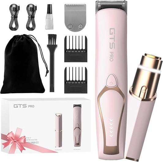 Bikini Trimmer for Women Electric Razor 2 Pack Dual Head Body & Facial Hair Remover -Waterproof USB Rechargeable with Replacement Ceramic Blades, Travel Pouch & Packaging Box(Pink)-Velvo Beauty