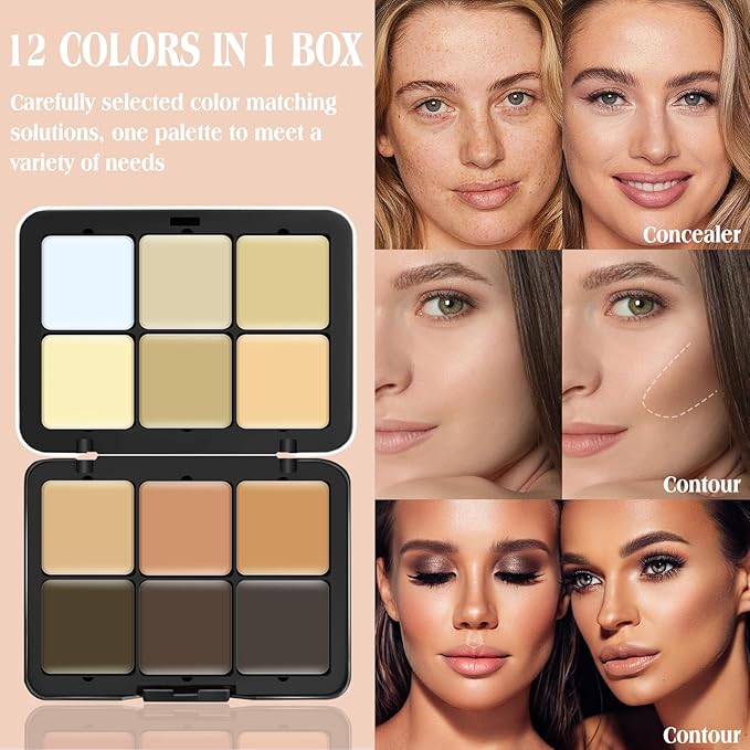 12 Colors Cream [Contour+Concealer] Makeup Palette for Cheeks - Multi-functional Makeup Palette with Brush, Natural Matte Long Wearing, Waterproof Blendable Face Makeup Palette (#03)-Velvo Beauty