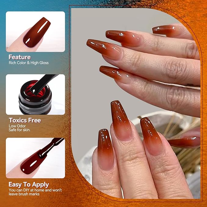 Born Pretty Jelly Gel Nail Polish, Sheer Transparent Crystal Gel Nail Polish, Christmas Brown Red Orange Green Blue Fall Winter Soak off Nail Polish Manicure DIY Home Salon Christmas Gift 7ml 6colors-Velvo Beauty