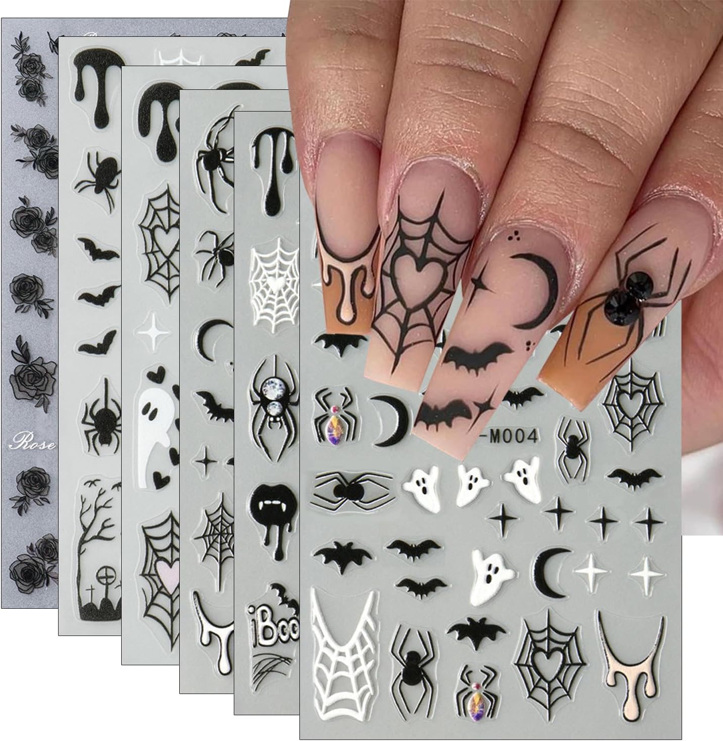 6Pcs Halloween Nail Stickers for Nail Art, Bat Spiders Nail Art Stickers Spider Web Black Rose Skull Ghost Nails Design Decals Halloween Nail Supplies for Women DIY Manicure Decoration Accessories-Velvo Beauty