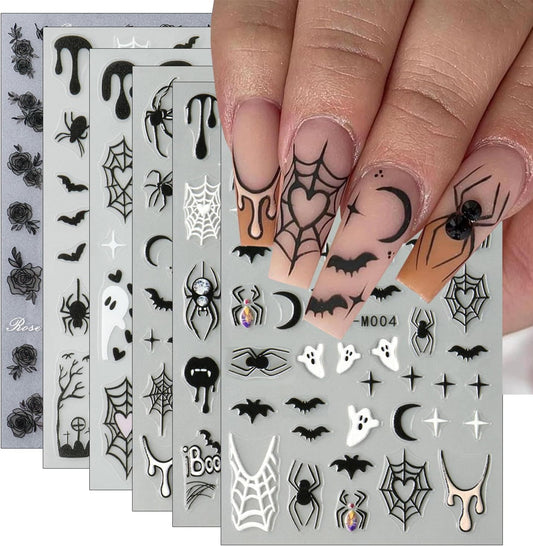 6Pcs Halloween Nail Stickers for Nail Art, Bat Spiders Nail Art Stickers Spider Web Black Rose Skull Ghost Nails Design Decals Halloween Nail Supplies for Women DIY Manicure Decoration Accessories-Velvo Beauty