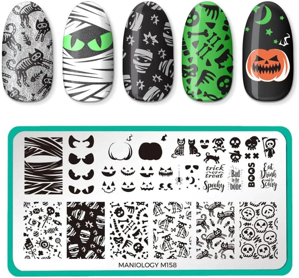 Maniology Creepy Cute Nail Stamping Plate Set, Halloween Plates Bundle (Fright Night (M032), Ghosted (M056), Bad to The Bone (M158), Halloween Treats (M248))-Velvo Beauty