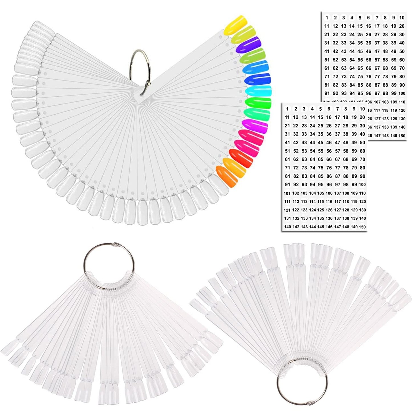 JASSINS 150 Pcs Nail Swatch Sticks with Ring and Number posted, Clear Fan-shaped Nail Art Polish Practice Display Tips Nail Sample Sticks, Nail Practice Color Display Polish Board-Velvo Beauty