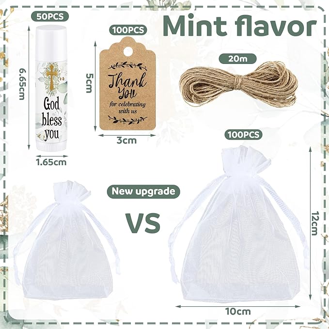 Demissle 50 Pcs Baby Shower Lip Balm Gift Set with 100 Pcs Organza Bags Baby Shower Party Favor for Guest Thank You Tag Rope Baby Shower Party Decoration Gender Reveal Souvenirs (God Bless You)-Velvo Beauty