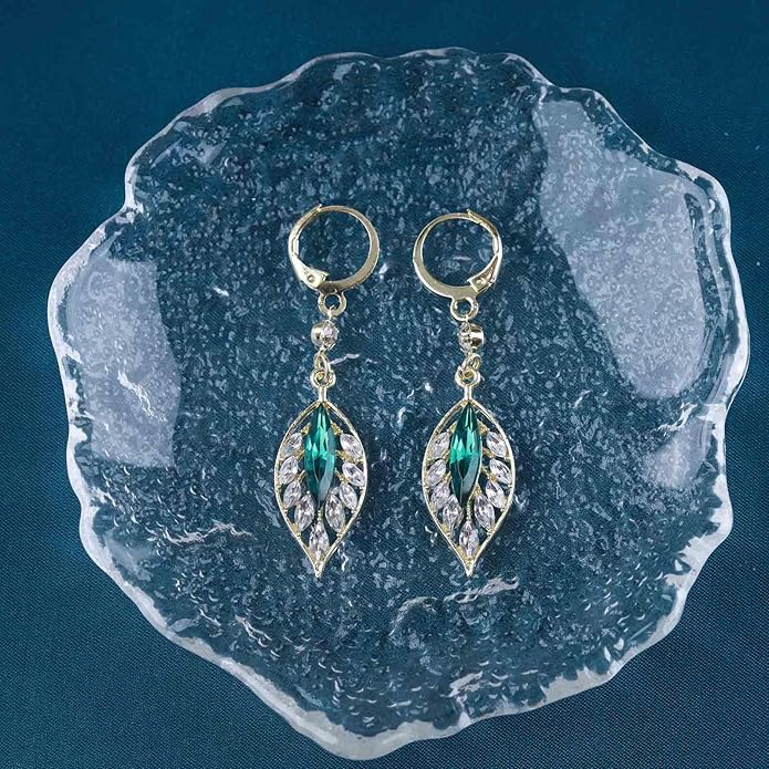 Vintage Emerald Leaf Earrings Rhinestone Leaf Drop Earrings Green Emerald Dangle Earrings Gold Crystal Leaf Hoop Earrings Jewelry for Women-Velvo Beauty