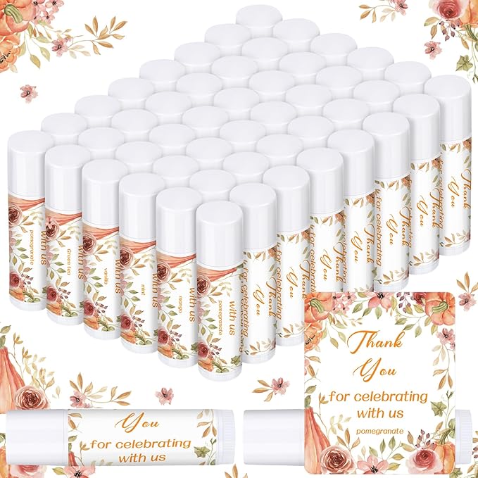 Dunzy 50 Pcs Thank You Gift Lip Balm Bulk Baby Shower Party Favors Bridal Shower Favor Lip Care with Assorted Fruit Flavors Thank You Lipstick for Guest Basket Gift Stuffer (Pumpkin)-Velvo Beauty