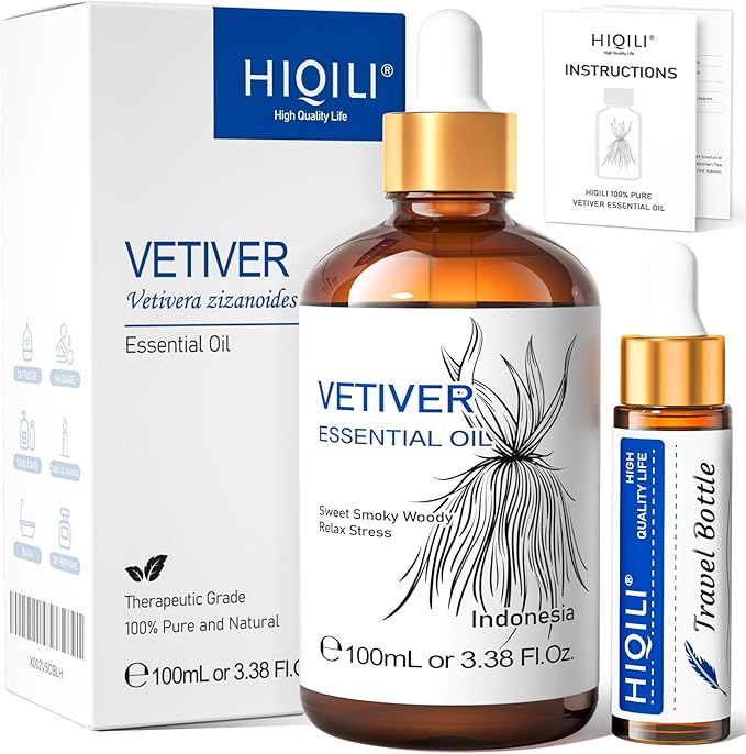 HIQILI 100ML Vetiver Essential Oil, 100% Pure Natural for Diffuser Calm and Relation- 3.38 Fl Oz-Velvo Beauty