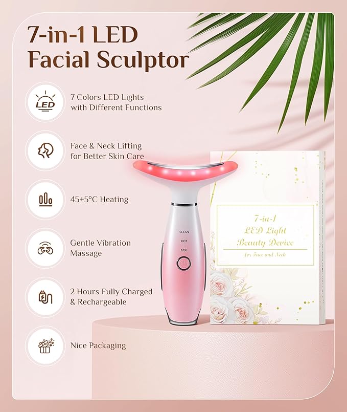 7 Color Galvanic Machines - Red Light Therapy for Face and Neck, Face Massager Tool for Wrinkles, Double Chin, Vibrating Facial Massager with Thermals, Pink-Velvo Beauty