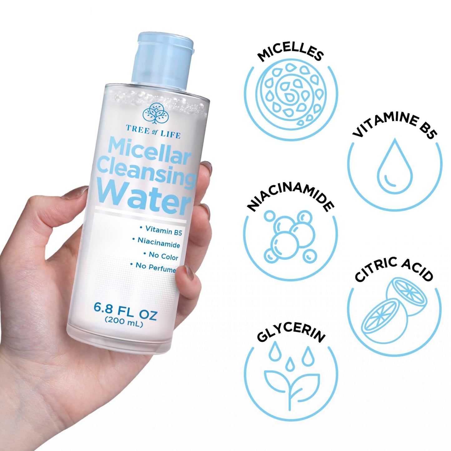 Tree of Life Beauty Micellar Cleansing Water (6.8fl oz) - Micellar Water Makeup Remover with Niacinamide, Vitamin B5, Glycerin - Eye Makeup Remover Liquid, No Rinse Needed-Velvo Beauty