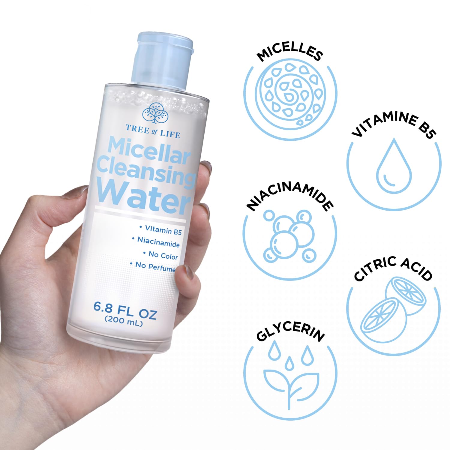 Tree of Life Beauty Micellar Cleansing Water (6.8fl oz) - Micellar Water Makeup Remover with Niacinamide, Vitamin B5, Glycerin - Eye Makeup Remover Liquid, No Rinse Needed-Velvo Beauty