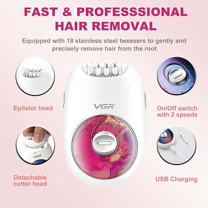 VGR 706 Professional Epilator for Women,Portable Cordless Smooth Glide Hair Removal Device for Legs, Underarm, Back,Full-Body Epilator with 18 Tweezers System, 2 Speeds Hair Removal with Silent Design-Velvo Beauty