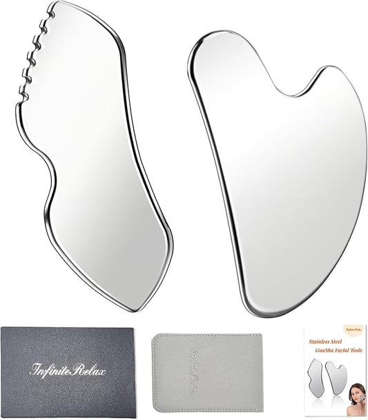 2Pcs Stainless Steel Gua Sha Facial Tools Set, Metal Face Comb Detail Skin Care Tools, Body and Face Gua Sha Sculpting for Tighten Skin Lymphatic Drainage-Velvo Beauty