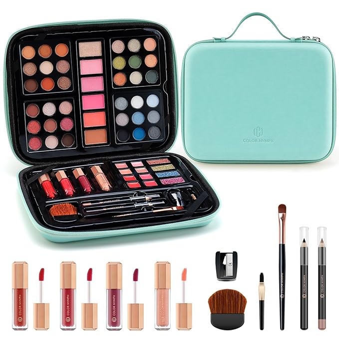 Color Nymph Beginner Makeup Kits Gift for Teens, Makeup Palettes with Reusable Handbag Includes 36 Colors Eyeshadow Blushes Bronzer Highlighter 4 Colors Lipgloss, Lip Oil Brushes Mint Green-Velvo Beauty