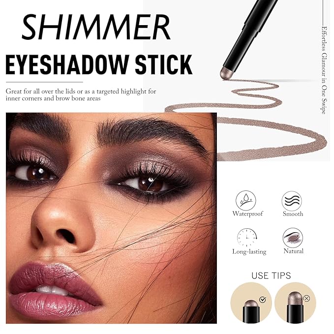 Taupe Shimmer Eyeshadow Stick, Waterproof Cream Eye Shadow Pencil Long-Lasting Crease-Proof Glitter Eyeshadow Crayon Smooth High Pigmented Highlighter Blendable Neutral Eye Shadow Liner Makeup-Velvo Beauty