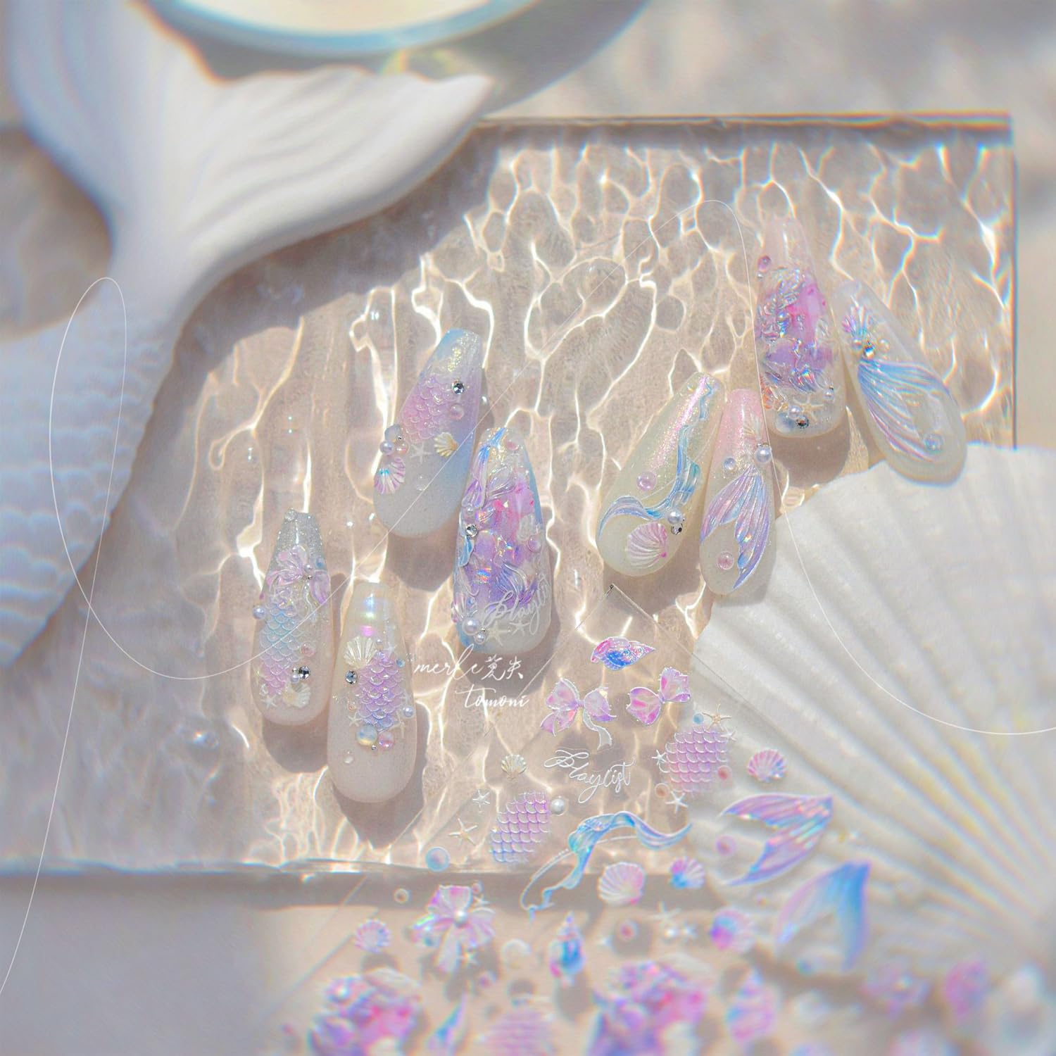 Summer Seashell Starfish Nail Art Stickers 5D Embossed Shiny Shell Nail Decals Cute Mermaid Nail Accessories Ocean Theme Summer Nails Design Pearl Bow Nail Adhesive Sliders for Women Manicure-Velvo Beauty