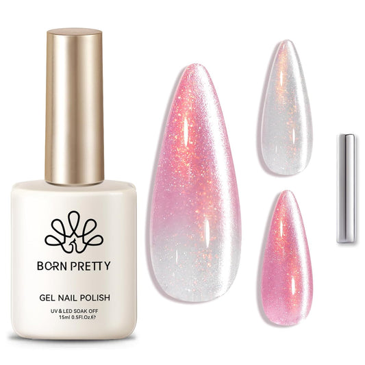 Born Pretty Cat Magnetic Eye Gel Nail Polish,Color Changing Pink Sliver Glitter Cat Magnetic Gel Nail Polish for Nail Art Manicure Salon DIY at Home 15ML-Velvo Beauty