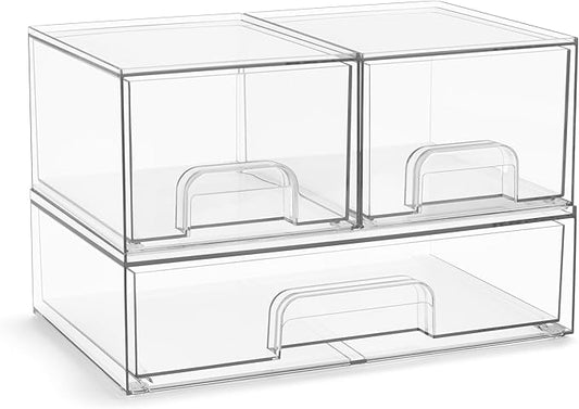 Sorbus Acrylic Storage Containers - 3 Pack, Stackable Storage Bins Set for Bathroom Organization - Clear Acrylic Drawer Organizers - Makeup Case Pull-Out Drawers (4.4’’ Tall and 12.1’’ Wide)-Velvo Beauty