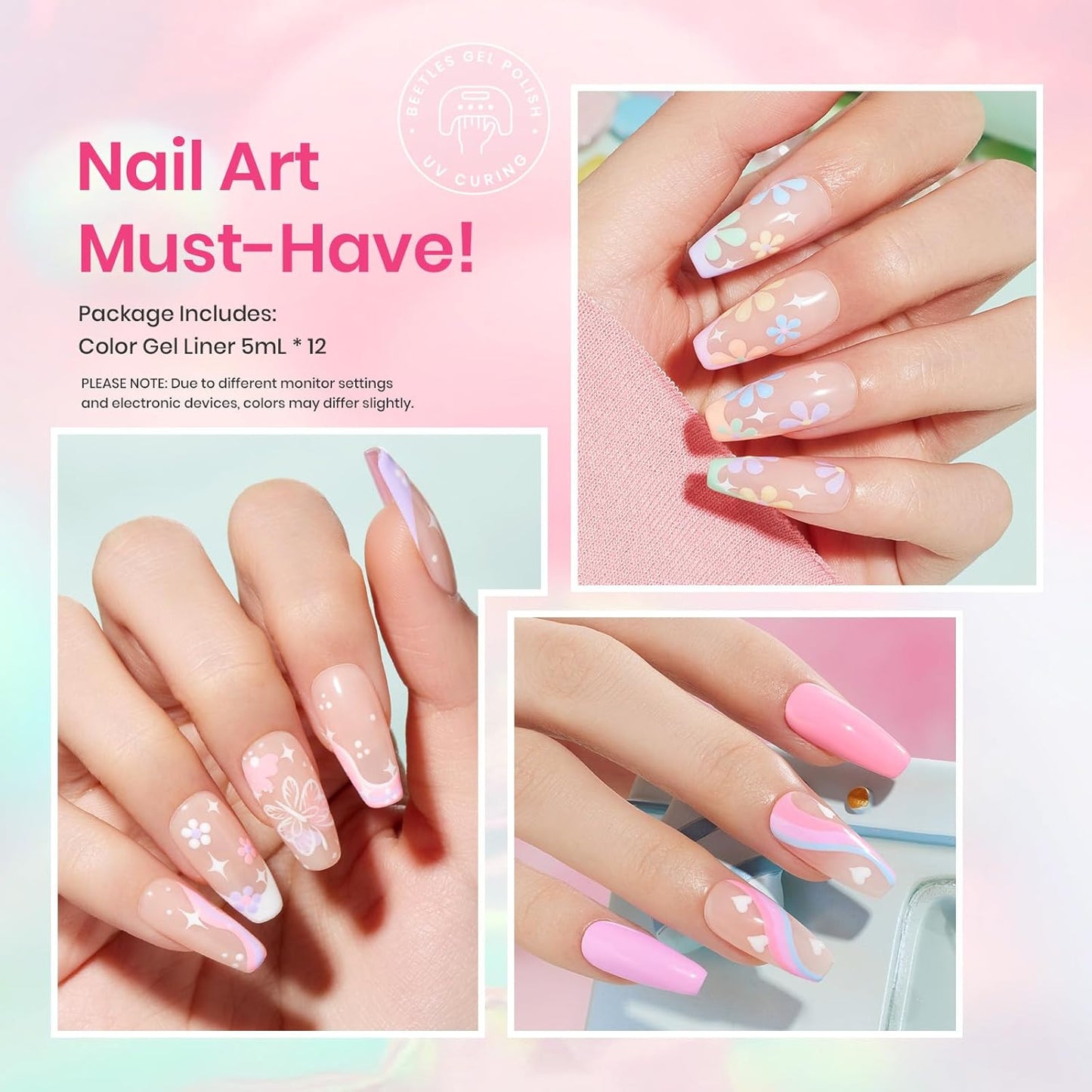 Beetles Pastel Gel Liner Nail Polish Set, 12 Colors Spring Sheer Pink Nude Blue Purple White Yellow Orange French Line Swirl Nail Art Gel Polish Soak Off Uv Lamp Manicure Gifts for Women-Velvo Beauty