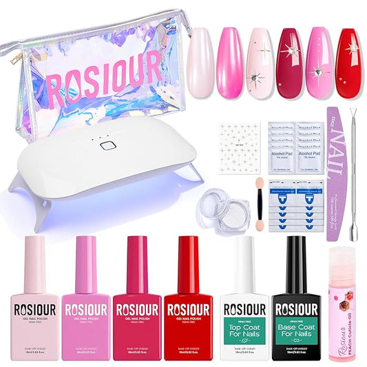 Gel Nail Polish Kit with U V Light, Hema-Free Bright Red Light Baby Pink Violet Pink Summer Gel Polish Set with Base & Top Coat Chrome Nail Powder, 4 Colors Mini Salon Nail Art Starter Gift for Women-Velvo Beauty