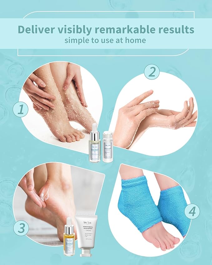 VTS Self Care Kit - Includes Moisturizing Heel Socks, Hand & Foot Oil, Salt Scrubs, Serum, Urea Cream 40 Percent - Hand Care Set, Foot Pedicure Kit for Dry Cracked Heels Feet Knees Elbows Hands-Velvo Beauty