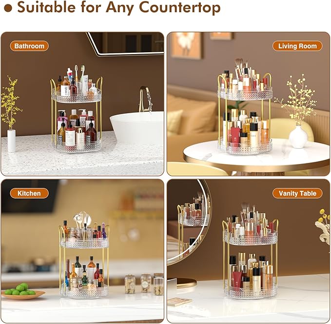 Awenia Rotating Makeup Organizer 360, Stackable Adjustable Large Capacity Cosmetic Storage Unit,Dresser Bathroom Kitchen Countertop Organizer with Metal Handle, Plus Size (Clear, 2 Tier)-Velvo Beauty