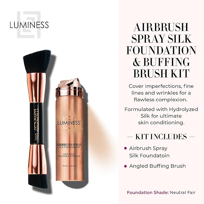 LUMINESS Silk Airbrush Spray Foundation & Buffing Brush Kit – Full Coverage Foundation & Dual-Sided Buffing Brush - Buildable Coverage, Anti-Aging Formula Hydrates & Moisturizes - Neutral Fair-Velvo Beauty