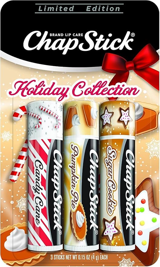 ChapStick Holiday Collection - Candy Cane, Pumpkin Pie & Sugar Cookie Flavors - Blister Pack of 3 Sticks 0.15 Each - Pack of 6 = 18 Sticks, Great Holiday Gift 3 Count (Pack of 6)-Velvo Beauty