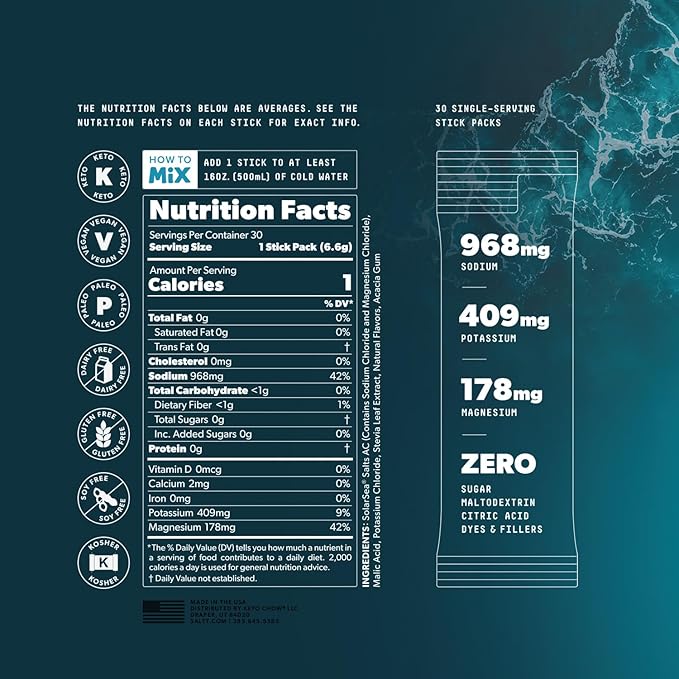 Keto Chow SALTT Electrolytes Powder Packets, Ultra Variety Pack (30 Packets) - Magnesium, Potassium, Sodium, Trace Minerals - Vegan, Sugar Free, Gluten Free - Travel Essentials - Made in USA-Velvo Beauty