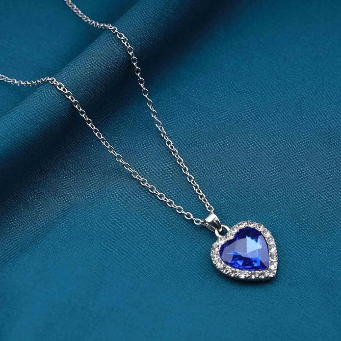 Vintage Crystal Sapphire Necklace Rhinestone Heart Sapphire Pendant Necklace Blue Sapphire Choker Necklace Silver Cz Heart Necklace Jewelry for Women-Velvo Beauty