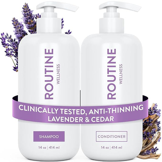 Routine Wellness Anti-Thinning Shampoo and Conditioner Set for Thinning Hair - Biotin DHT Blocker Women & Men - Color Safe Shampoo for Hair Loss & Healthier Hair - Lavender & Cedar (Pack of 2)-Velvo Beauty