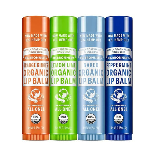 Dr. Bronner's - Organic Lip Balm Variety Peppermint, Orange Ginger, Naked, Lemon Lime) - Made with Organic Beeswax and Avocado Oil, For Dry Lips, Hands, Chin or Cheeks, 0.15 Ounce (Pack of 4)-Velvo Beauty
